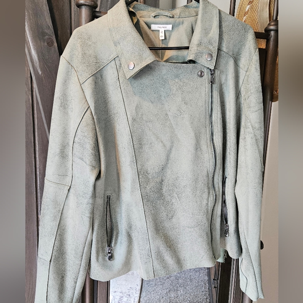Maurices Green Leather Moto Jacket Asymmetrical Zipper